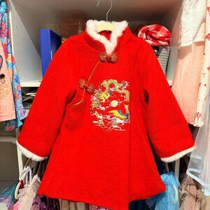 Girls Red Chinese-Style Mid-Length Winter Coat – Size 3–5 Years